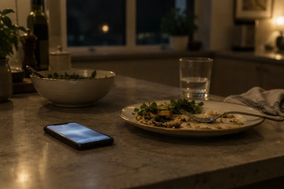 Akşam mutfak tezgâhında ekranı yanan telefon; yanında yarım kalmış bir tabak.