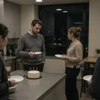 Ofis mutfağında küçük bir doğum günü pastası; duvardaki saat mesai sonrasını, pencere karanlığı gösteriyor.